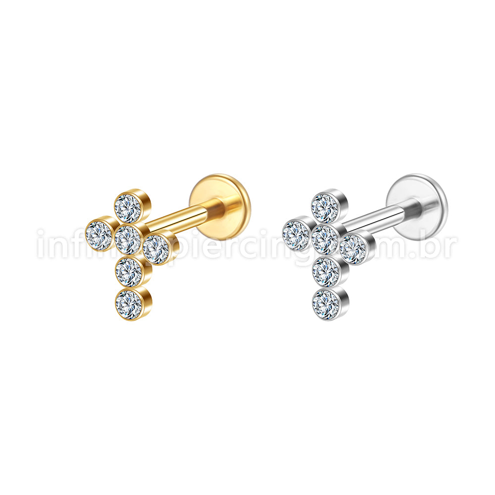 Piercing Labret Aço Cirúrgico Cruz Zircônia Cravada